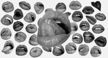 Sexy tongue licking sensual lips. Lips and mouth. Red lip background. Female lips