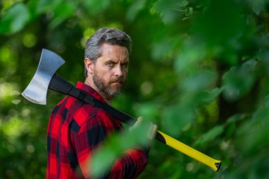 Oduncu vahşi sakallı, kareli gömlekli, baltalı, yeşil doğalı bir adam. Ormanda baltalı bir adam. Zalim oduncu. Elinde balta olan oduncu. Oduncu adam. Balta oduncusu ekipmanı