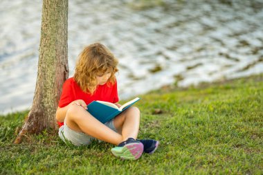 Yazlık parkta kitap okuyan sevimli bir çocuğun açık hava portresi. Sarışın çocuk çimlerin üzerinde oturup kitap okuyor. Park 'ta yaz tatili. Öğrenci çocuk kitapla çalışıyor, öğreniyor. Kitap deposu