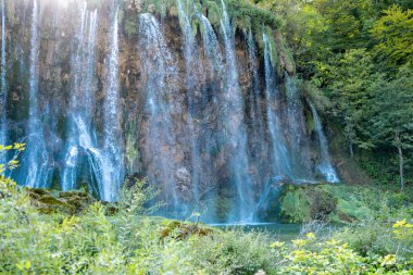 Plitvice Lakes Ulusal Parkı. Hırvatistan. Büyük şelaleler. Doğa yolculuğu geçmişi. Güzel doğa. Hırvatistan 'daki Plitvice şelaleleri. Dağ dereleri masmavi berrak suyla bir göle akar.
