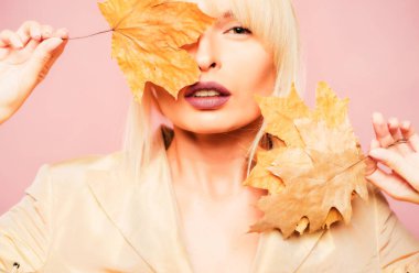 Kasım arka plan. Sonbahar yaprakları Festivali. Dijital reklam. Mutlu gülümseyen kadın. Metin için yer. Arka plan yaprak. Sonbahar yaprakları. İzole yaprak