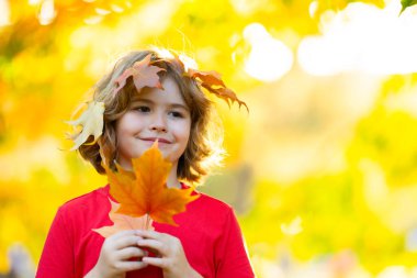 Sonbahar parkında ağaçların yanında yaprağı olan sevimli bir çocuğun portresi. Sonbahar parkında bir çocuk. Sarı yapraklı küçük kız. Çocuk altın yapraklarla oynuyor. Güneşli bir Ekim gününde, bir akçaağacın altında küçük bir çocuk.