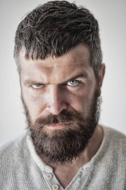 Yakışıklı adamın portresi. Hippi bir modelin vesikalık fotoğrafı. Erkek yüzü. Sakallı yakışıklı adam. Kendine güvenen erkek model. Adam gururlu görünüyor. Çekici bir adamın yakın çekim yüzü. Sakal ve bıyık.