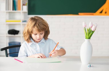 Yazarlık dersi alan okul çocuğu. Okuldaki çocuklar.