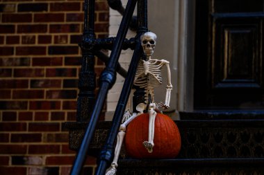 Cadılar Bayramı konsepti Cadılar Bayramı balkabağı ve dekore edilmiş ev için iskelet. Bir Amerikan evinin ön bahçesinde dekore edilmiş korkunç bir şey. Şeker mi şaka mı? Cadılar Bayramı geçmişi. Cadılar Bayramı 'nın sonbahar tatili