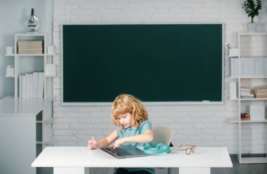 Bilgisayar sınıfında çalışan ilkokul çocuğu.