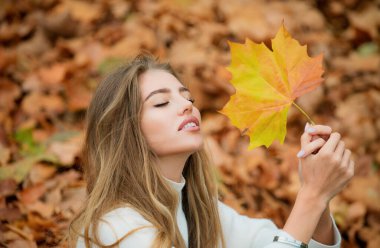 Kıvırcık tatlı kız güz gününde poz veriyor, güzel havanın tadını çıkarıyor.
