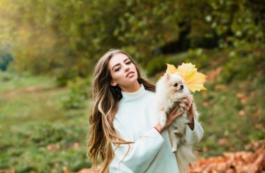 Sonbaharda kız. Hayvanlarla duygusal destek. Sonbahar akçaağaç yaprağında köpekli kadın.