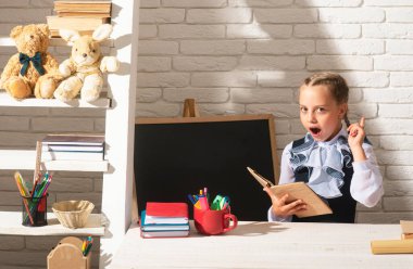 Okuldaki sınıfta kitap okuyan komik kız. Okuldaki güzel kız öğrencinin portresi.