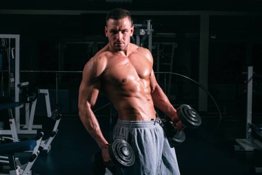 Sportif egzersiz. Atletik vücut. Spor salonunda vücut geliştirici. Antrenman ve idman. Dambıl egzersizleri. Çıplak gövdeli sporcu.