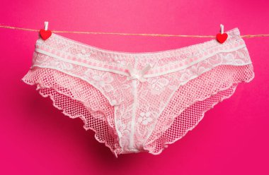 Çamaşır ipinde kadın külotu. Renkli erotik külot. İpte kadın donu. Pembe külot. Kadın iç çamaşırı