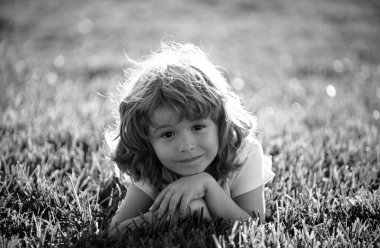 Dışarıda parkta bir çocuk. Bahar çocuğu çimlerin üzerinde yatıyor. Yaz çocuğu yürüyüşü. Çocuk adaptasyonu