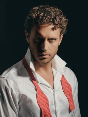 Tıraşsız, gömlekli ve fiyonklu ciddi bir adam. Yakışıklı adamın portresi. Hippi bir modelin vesikalık fotoğrafı. Erkek yüzü. Genç yakışıklı adam. Kendine güvenen erkek model. Adam gururlu görünüyor