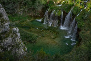 Ormandaki şelaleler. Yaz manzaralı güzel şelaleler ve berrak göl. Plitvice Lakes Ulusal Parkı, Hırvatistan. Yaz doğa manzarası