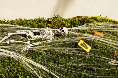 Cadılar Bayramı iskeleti. Cadılar Bayramı süslemeleri için iskelet. Bir Amerikan evinin ön bahçesinde dekore edilmiş korkunç iskeletler. Şeker mi şaka mı? Cadılar Bayramı geçmişi. Cadılar Bayramı Tatili