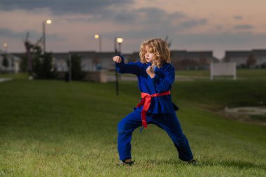 Küçük karate dövüşçüsü. Çocuk dışarıda spor yapıyor. Spor karatesi çocuk dövüşçüsü. Kimono giyen küçük çocuk parkta karate dövüşü yapıyor. Çocuk sporları dövüşü. Küçük karate dövüşçüsü. Çocuk sporu