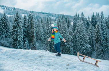 Happy kids having fun and riding the sledge in the winter snowy forest. Winter Christmas holidays and active winter weekend. Snow covered trees in mountains on winter landscape