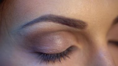 Göz farı makyajı. Makyaj sanatçısı göz farı sürüyor. Makyajcı kız. Makyaj modeli olan bir makyöz. Genç, güzel bir kızın makyaj malzemelerini boyamak. İşlem sırasında makyaj