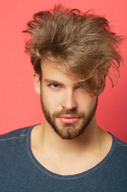 Yakışıklı adamın portresi. Hippi bir modelin vesikalık fotoğrafı. Erkek yüzü. Genç yakışıklı adam. Kendine güvenen erkek model. Adam gururlu görünüyor. Çekici bir adamın yakın çekim yüzü. Zarif adam.