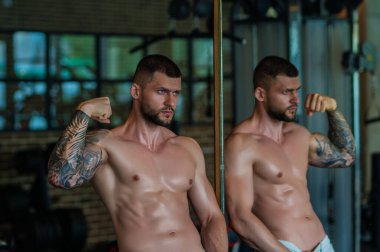 Handsome fit muscular caucasian man workout in the gym with weight pumping up muscles. Fitness and bodybuilding sport. Bodybuilder with dumbbells at gym, hard workout