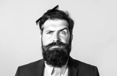 Komik saç stili, modern saç kesimi. Saçını tarayan bir adam. Sakallı sakallı adam, sakallı eşcinsel