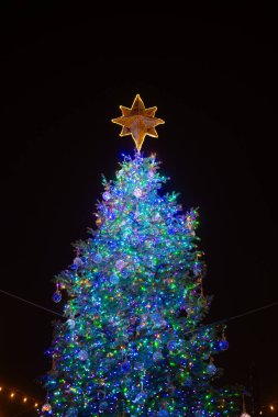 Kar taneleri ve süslerle Noel ağacı tatili. Madalyalı Noel Ağacı. Geceleri Noel ağacı. Işık çelenkleriyle Noel ağacı. İlk yıldız parladı.