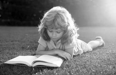 Zeki zeki çocuklar. Çim arka planıyla ilgili güzel bir çocuk kitabı. Çocuklar parkta kitap okuyor.