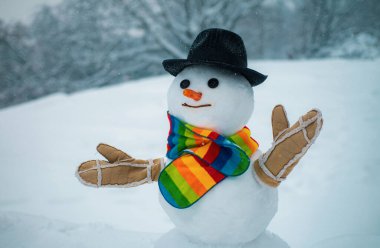 Funny snowman in stylish hat and scarf on snowy field. The snowman is wearing a fur hat and scarf. The snowman is wearing a fur hat and scarf. Snowman on the background of stars and snowflakes. clipart