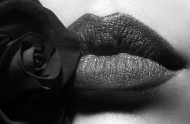 Seksi dudaklar. Kahverengi dudak. Koyu kahverengi rujlu, tombul, seksi dudaklara yakın çekim. Makyaj parlatıcısı kozmetik ürün. Deri ağız mükemmelliği kusursuz konsept. Dudak bakımı ve güzellik