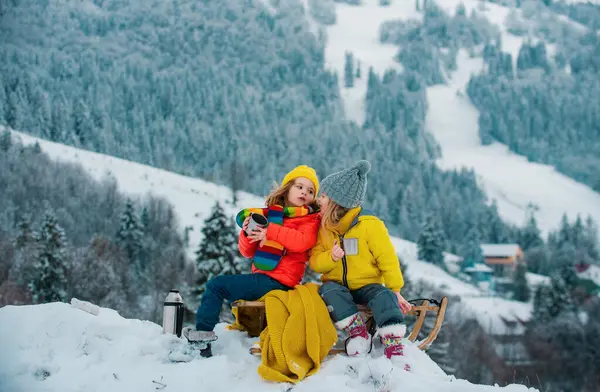 Çocuklar kızakla kayıyor, kızağa biniyor. Çocuklar kışın karda oynarlar. Noel aile tatili için açık hava çocukları