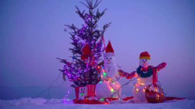 Mutlu Noeller ve mutlu yıllar. Gece kışında kardan adam. Karlı bir kış gecesinde kardan adam. Işıklı Kardan Adam Noel 'i. Geceleri kardan adam figürleri. Evin yakınındaki Noel süsleri.