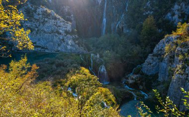 Hırvatistan 'daki Plitvice Gölleri Ulusal Parkı' ndaki ormanın derinliklerindeki göl. Plitvice 'nin güzel şelaleleri. Şelalelerin egzotik doğası