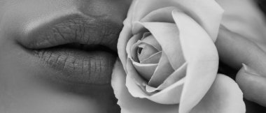 Lips and rose, close up spring banner. Natural paint from the lips. Sensual lips on beautiful model girls mouth. Beauty makeup close up. Spring flowes