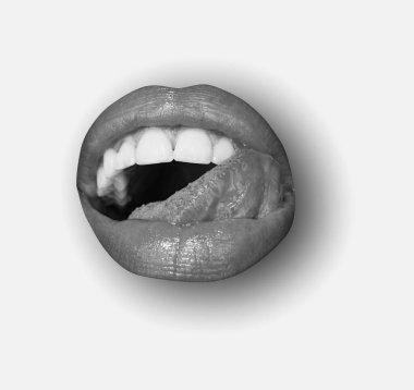 Sexy tongue licking sensual lips. Female lips on white isolated background, clipping path. Woman mouth with red lip, close up