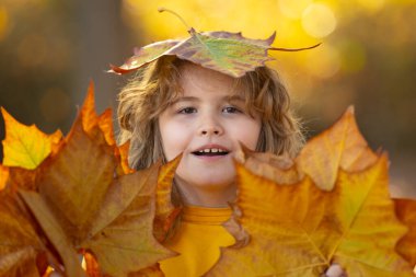 Sonbahar parkında yaprakları olan sevimli sarışın çocuk. Çocuk dışarıda eğleniyor. Sonbaharın tadını çıkarıyorum. Arka planda kal. Sonbahar sonbahar parkında güzel bir sonbahar çocuğunun portresi. Düşen yapraklarla oynayan çocuk