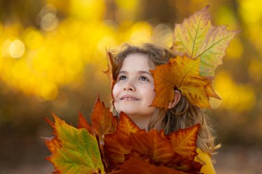 Sonbahar sonbahar parkında çocuk portresi. Sonbahar portakal yapraklı küçük çocuk, açık hava portresi. Sonbahar parkında sonbahar yapraklı şirin bir çocuk yüzü. Çocuk tutacağı düşen yapraklar. Çocukların açık hava portresi