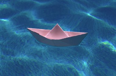 Suda yüzen kağıttan tekne dalgalara ve dalgalara neden olur. Kağıt tekneyi suya batır. Turizm kavramı, seyahat hayalleri tatil tatili, seyahat hayali, yelkenli macerası. Kağıt ustası ve origami