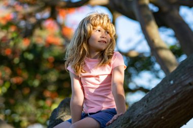 Child climbing a tree. Happy young boy play in summer garden. Kid on a tree with big branch