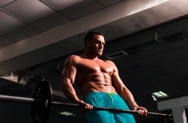 Spor salonunda güçlü bir vücut geliştirici. Antrenman ve idman. Antrenman egzersizleri. Çıplak gövdeli ve atletik vücutlu seksi sporcu.