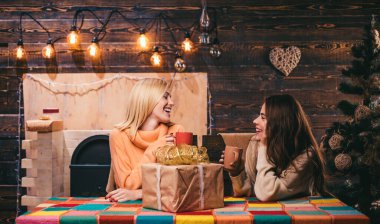 Noel kutlamaları, tatil. Neşeli Noel evde arkadaşlar. Noel kız. En iyi dostlar. Mutlu Noeller ve mutlu tatiller