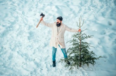 Noel arifesinde kozalak alıp teslim etmek. Kış hissi. Sakallı bir adam eve Noel ağacı taşıyor. Noel ağacıyla Noel Baba