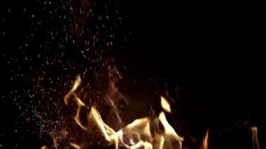 Siyah üzerine ateş. Ateş, izole edilmiş, soyut bir yapı. Sancak arkaplanı için soyut alev alev dokusu. Ateş alevleri, kırmızı ve sarı, yakıtta termal enerji. Yanan ışıklar