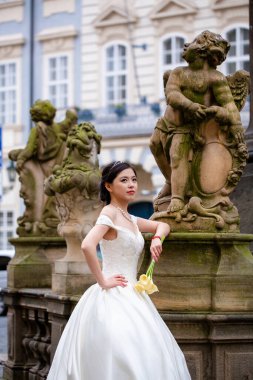 Rüya gibi bir düğünde beyaz gelinlik içinde şehvetli bir gelin. Gelin, düğün gününde çok güzel görünüyordu. Güzel bir gelin, mükemmel bir düğün. Zarif genç gelin. Gelinlerin güzelliği