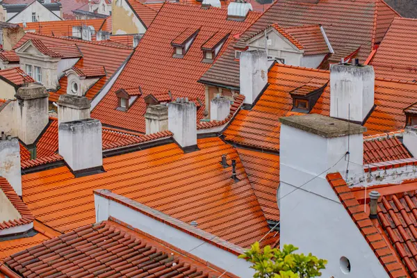 Evin arka planındaki ahmaklar. Çatı deseni. Çatı arkaplanı. Seramik kiremitlerle kaplı bir çatı. Çatı kiremit kaplama bina. Kasabadaki eski bir evin çatısı yıpranmış. Çatı fayansları