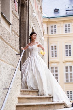 Rüya gibi bir düğünde beyaz gelinlik içinde hassas bir gelin. Gelin, düğün gününde çok güzel görünüyordu. Güzel bir gelin, mükemmel bir düğün. Zarif genç gelin. Gelinlerin güzelliği