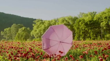 Haşhaş tarlasında kırmızı elbiseli mutlu bir kadın. Çiçekli haşhaş tarlası. Haşhaş çiçekli romantik bahar kadını portresi. İlkbahar, haşhaş tarlasında bahar güzelliği modeli. Çiçekler.