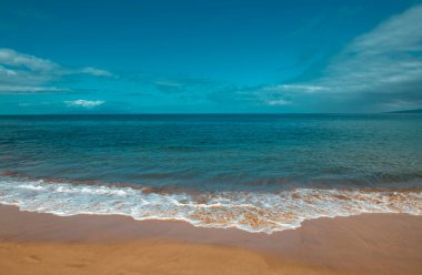 Tropik bir plajda yaz tatili. Kum ve deniz suyuyla dolu cennet kumsalı. Okyanus sahili arka planı