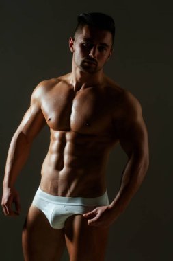 Klasik şortlu, şortlu, iç çamaşırlı adam. İç çamaşırlı, kaslı, çıplak vücutlu seksi bir adam. İç çamaşırlı kaslı bir erkek model. Mükemmel kaslı vücudu olan genç bir adam. İç çamaşırlarıyla gövde pozu veriyor.