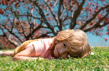 Küçük çocuk parkta çimlerin üzerinde yatıyor. Sonbahar çocukları, sonbahar yaprakları