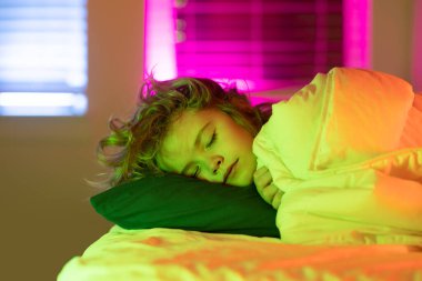 Gece uykusu. Çocuk evde yatakta uyuyor. Yatma vakti, çocuk uyuyor. Çocuk battaniyeli yumuşak yastıkta uyuyor.